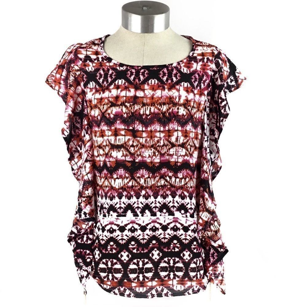STATUS Blouse Top Black White Pink Orange Print, Small New without tags